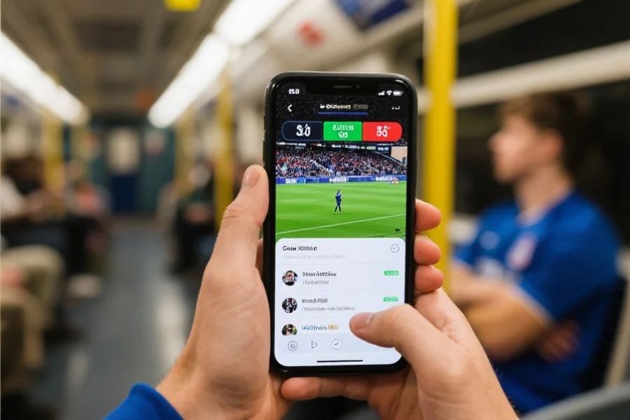 一位年轻球迷在地铁上用智能手机观看体育赛事直播,屏幕显示实时比分和评论区